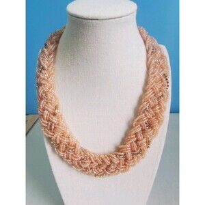 Vintage Peach Seed Bead Braided Necklace Multi-Strand Statement Choker 17"